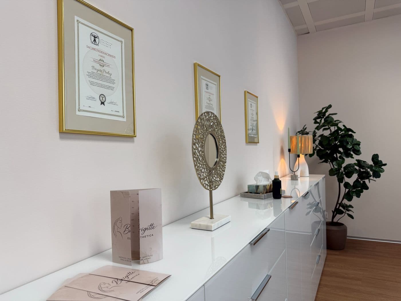 Zertifikate und Fachausweise im Studio von Brigitte Esthetica